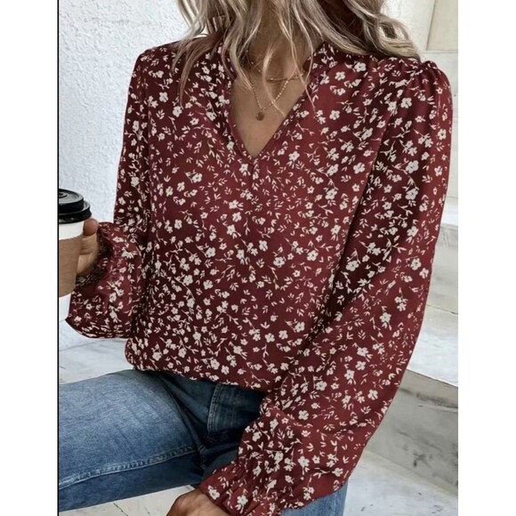 SheIn Tops - NWOT SHEIN Brick Red Ditsy Floral Long Sleeve Ruffle Blouse Size M